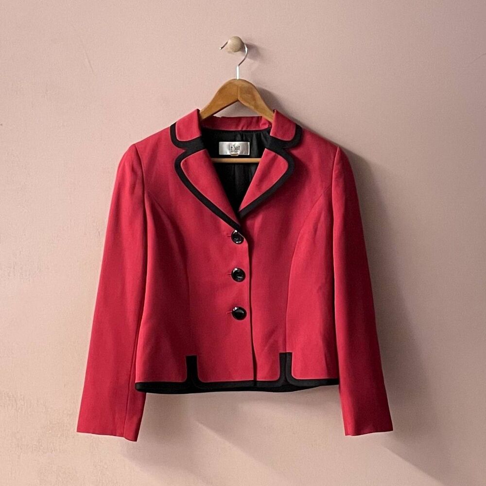 Vintage Le Suit Petite Size 6P Fuchsia Pink & Black Trimmed Blazer EUC